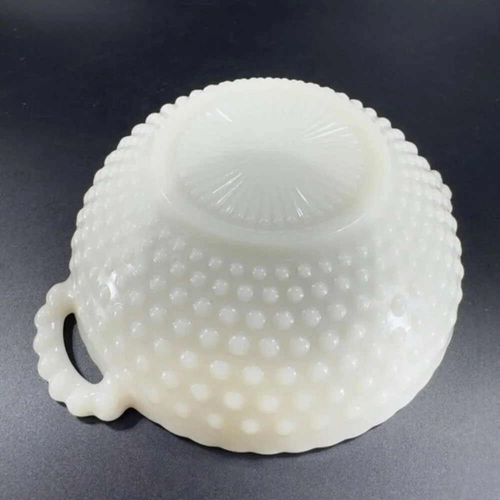 Anchor Hocking French Ivory Hobnail Bowl Dish With Handles‎ Glass Set 2 Vintage
